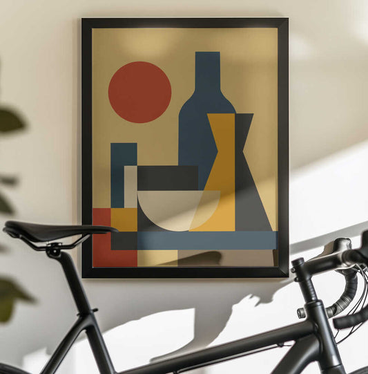 Geometric Still Life Composition 02 by Little Dean, black-framed artwork above a bicycle; a blue bottle, pale bowl and angular vessel with a red circle and geometric blocks.