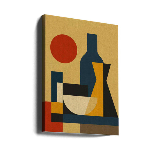 Geometric Still Life Composition 02 by Little Dean, gallery-wrapped canvas viewed at an angle; a blue bottle, pale bowl and angular vessel with a red circle and geometric blocks.