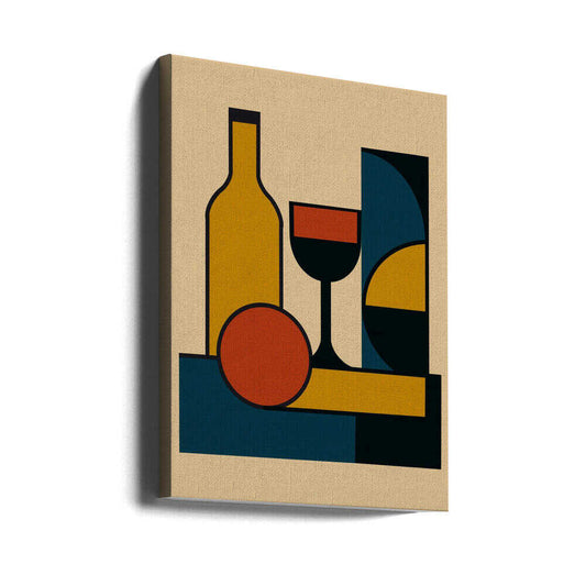 Geometric Still Life Composition by Little Dean: gallery-wrapped canvas viewed at an angle, showing a yellow bottle and stemmed wine glass with a red circle and blue and black geometric forms.
