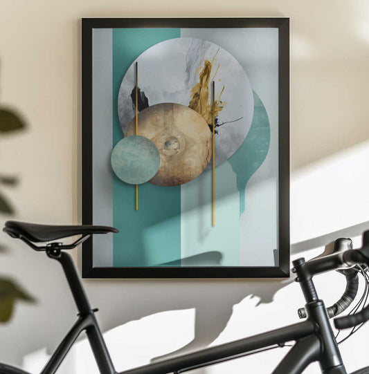 Geometric Vintage Art 04 by Rafal Kulik, black-framed artwork above a bicycle; overlapping pale, gold-toned and teal circles with thin vertical gold-colored lines.