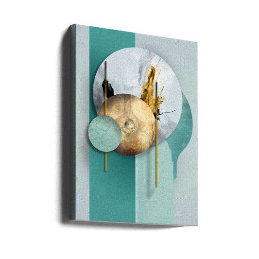 Geometric Vintage Art 04 by Rafal Kulik, gallery-wrapped canvas viewed at an angle; overlapping pale, gold-toned and teal circles with thin vertical gold-colored lines.