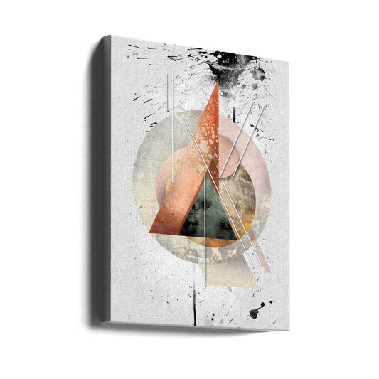 Geometric Vintage Art 05 by Rafal Kulik, gallery-wrapped canvas viewed at an angle; a tall coral triangle layered over pale circles with fine crossing lines.