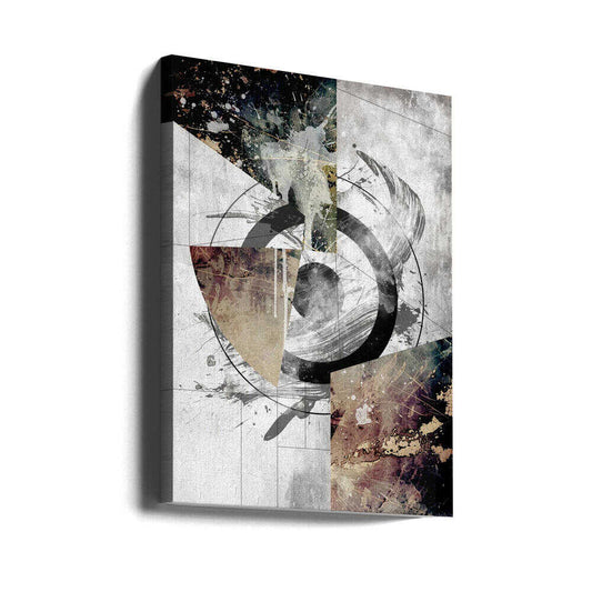Geometric Vintage Art 10 by Rafal Kulik, gallery-wrapped canvas viewed at an angle; broken black circular bands and sweeping marks over layered gray and muted brown fields.