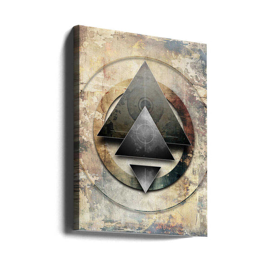 Geometric Vintage Art 11 by Rafal Kulik, gallery-wrapped canvas viewed at an angle; layered dark triangles within a large circular outline on a weathered neutral ground.