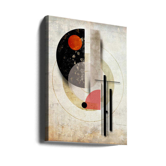 Geometric Vintage Art 15 by Rafal Kulik, gallery-wrapped canvas viewed at an angle; layered pale circles and vertical blocks with a black curved field and small orange disc.