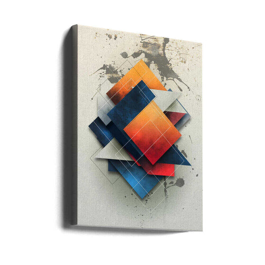 Geometric Vintage Art 16 by Rafal Kulik, gallery-wrapped canvas viewed at an angle; overlapping orange, red and blue diamond-shaped planes on a pale distressed background.