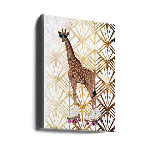 Giraffe Rollerskates Art Deco by Sarah Manovski, gallery-wrapped canvas viewed at an angle; a giraffe in sunglasses and roller skates against a gold-toned geometric fan pattern.