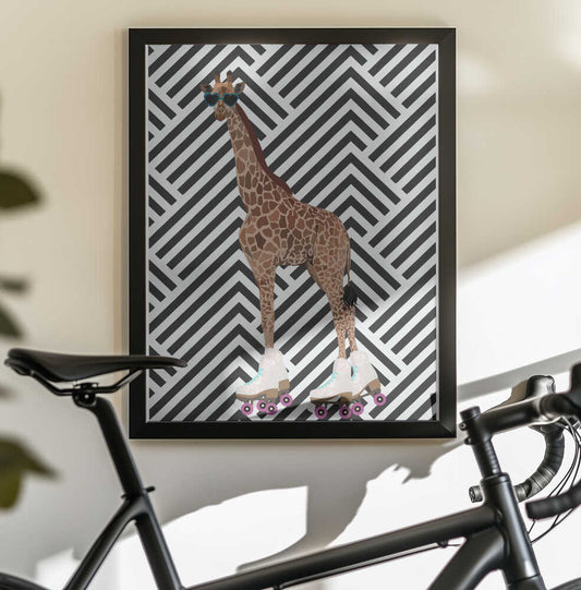 Giraffe Rollerskates retro by Sarah Manovski, black-framed artwork above a bicycle; a giraffe wearing sunglasses and roller skates against black-and-white chevrons.