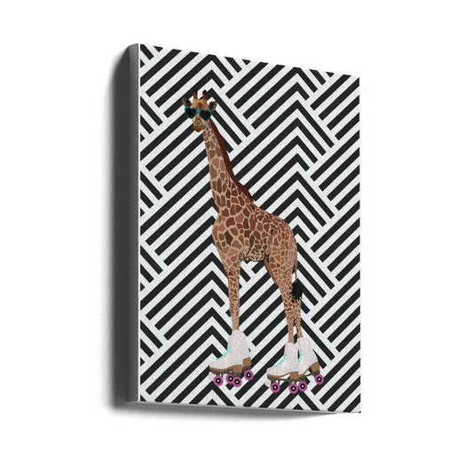 Giraffe Rollerskates retro by Sarah Manovski, gallery-wrapped canvas viewed at an angle; a giraffe wearing sunglasses and roller skates against black-and-white chevrons.