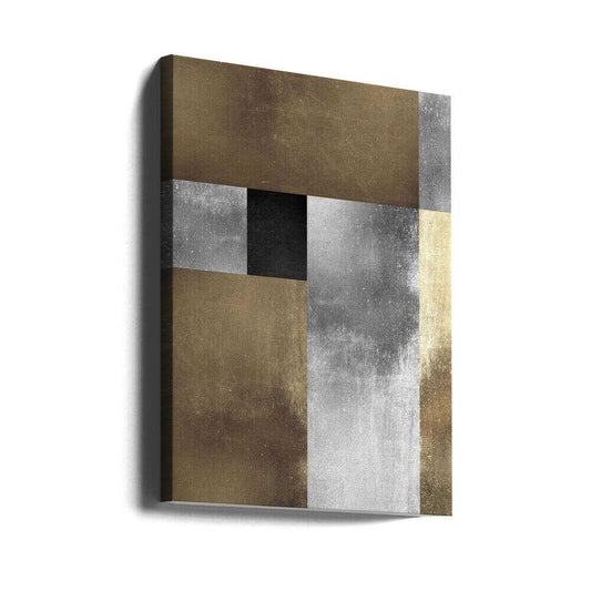 Gold and silver textures 1 by Vitor Costa, gallery-wrapped canvas viewed at an angle; broad gold-toned and silver-gray rectangles with a small dark central block.