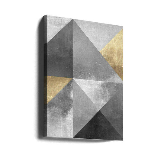 Gold and silver textures 2 by Vitor Costa, gallery-wrapped canvas viewed at an angle; angular gray triangles and gold-toned facets meeting at sharp geometric edges.