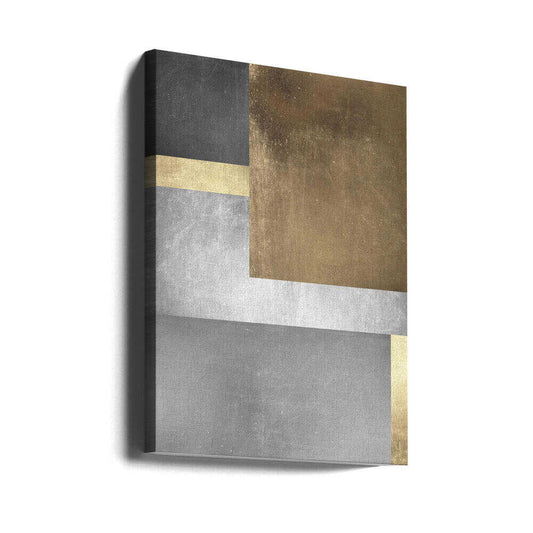 Gold and silver textures 3 by Vitor Costa, gallery-wrapped canvas viewed at an angle; a large warm gold-toned rectangle overlapping gray blocks and a pale horizontal band.