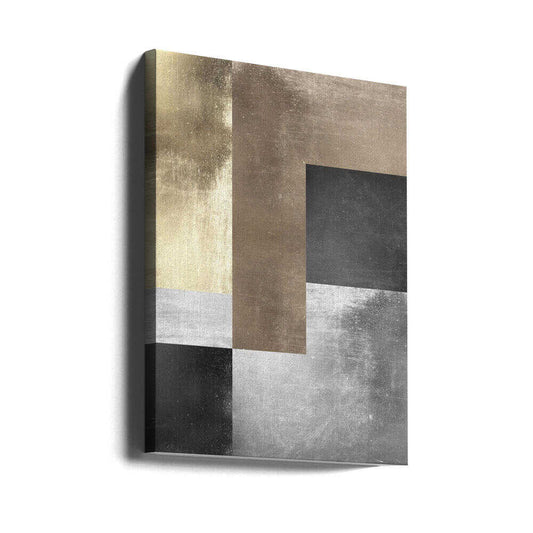 Gold and silver textures 4 by Vitor Costa, gallery-wrapped canvas viewed at an angle; stepped gray and gold-toned rectangular planes forming an angular abstract structure.