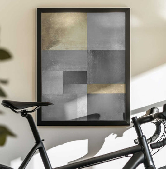 Gold and silver textures 5 by Vitor Costa, black-framed artwork above a bicycle; gray and silver-toned blocks with a broad pale gold section and a narrow gold band.