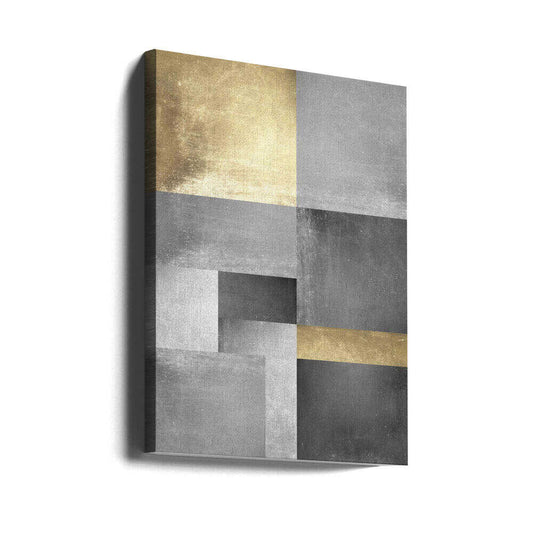 Gold and silver textures 5 by Vitor Costa, gallery-wrapped canvas viewed at an angle; gray and silver-toned blocks with a broad pale gold section and a narrow gold band.