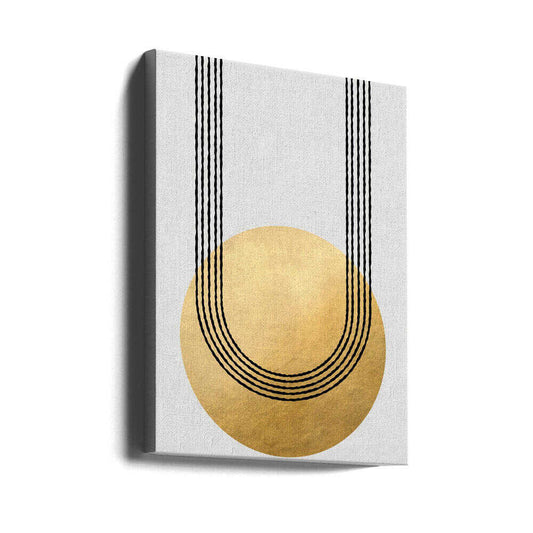 Gold balance by Rosana Laiz Blursbyai, gallery-wrapped canvas viewed at an angle; gold-toned circle beneath parallel black curved lines.