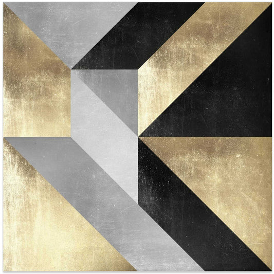 Gold Geometry by Vitor Costa, front view of the artwork; intersecting diagonal gold-toned, gray and black geometric bands.