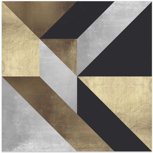 Golden Geometry by Vitor Costa, front view of the artwork; broad gold-toned, black and pale gray diagonal planes converging in a square pattern.