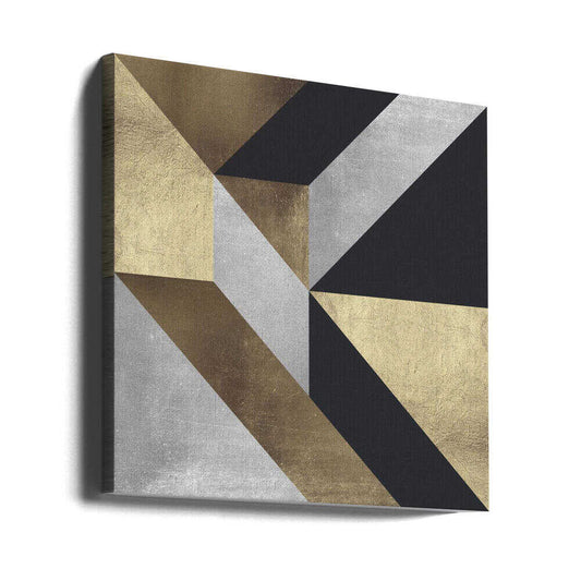Golden Geometry by Vitor Costa, gallery-wrapped canvas viewed at an angle; broad gold-toned, black and pale gray diagonal planes converging in a square pattern.