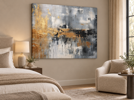 Golden Gray | Abstract Fine Art Canvas Wall Art — canvas above a bed