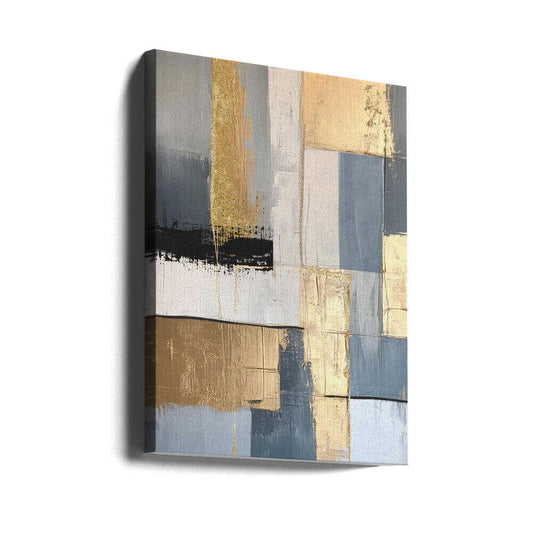 Golden Greys 1 by Sally Ann Moss, gallery-wrapped canvas viewed at an angle; a tall gold-toned band amid gray and cream rectangles with dark horizontal accents.