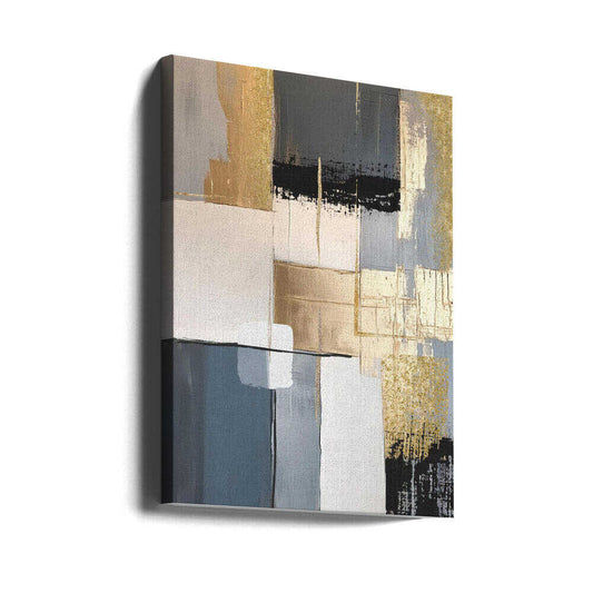 Golden Greys 2 by Sally Ann Moss, gallery-wrapped canvas viewed at an angle; layered gray, cream and gold-toned rectangles with a dark band near the top.