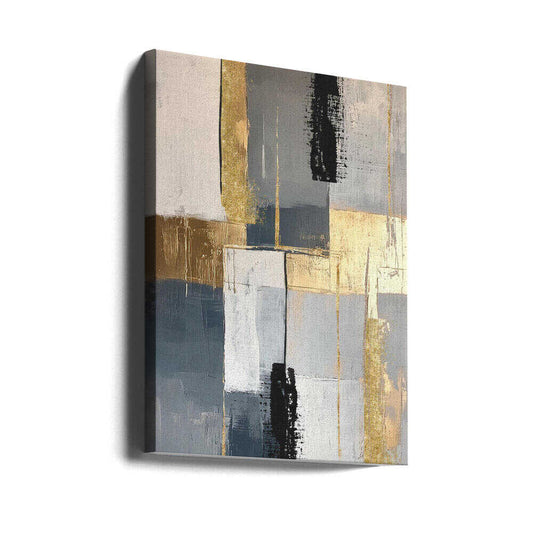 Golden Greys 3 by Sally Ann Moss, gallery-wrapped canvas viewed at an angle; gray and cream blocks with gold-toned bands and narrow black vertical accents.