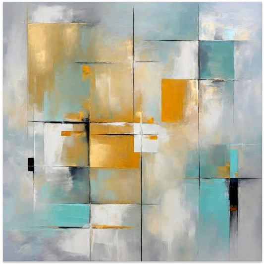 Golden Grids Abstract by Alpenglow Workshop, front view of the artwork; layered aqua, gray and gold-toned blocks intersected by fine dark lines.