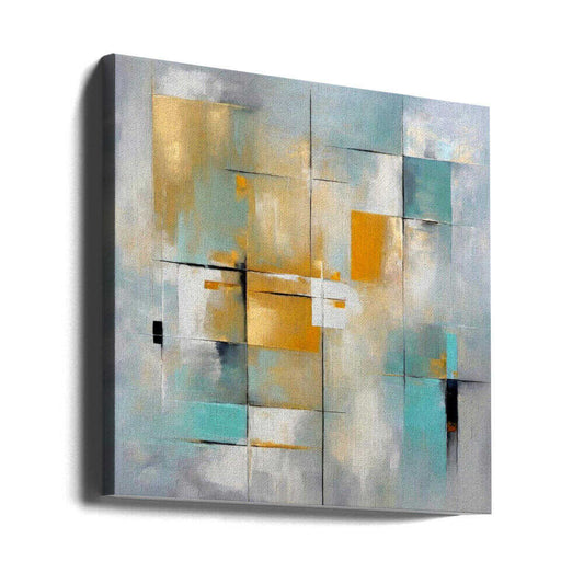 Golden Grids Abstract by Alpenglow Workshop, gallery-wrapped canvas viewed at an angle; layered aqua, gray and gold-toned blocks intersected by fine dark lines.