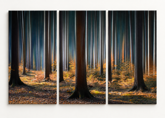 Golden Light in the Forest Large triptych gallery-wrapped canvas set; illustrative front view, see size guide for dimensions