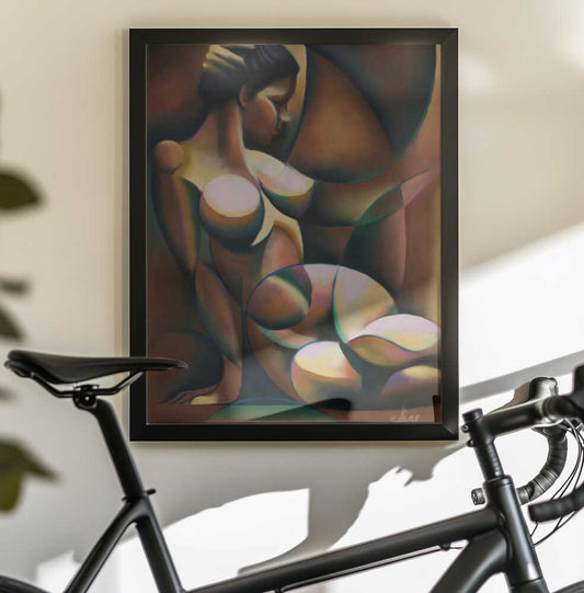 Golden Roundism - 03-03-21 by Corné Akkers, black-framed artwork above a bicycle; a seated figure modeled in warm gold, brown and muted green curved planes.