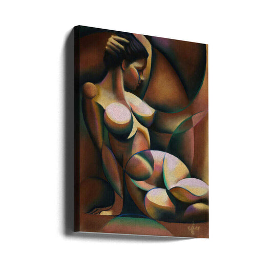 Golden Roundism - 03-03-21 by Corné Akkers, gallery-wrapped canvas viewed at an angle; a seated figure modeled in warm gold, brown and muted green curved planes.