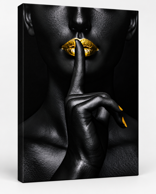 Golden Silence | Glam Lips Pop Art Canvas Wall Art — gallery-wrapped canvas angled view