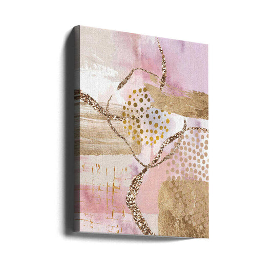 Golden Sunrise-2 by Sally Ann Moss, gallery-wrapped canvas viewed at an angle; pale pink abstraction with looping gold-toned lines and dots.