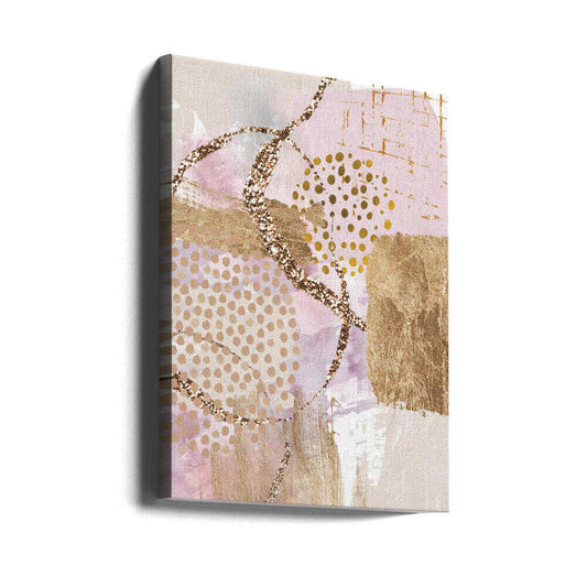Golden Sunrise-3 by Sally Ann Moss, gallery-wrapped canvas viewed at an angle; blush abstract fields with gold-toned dots and curved lines.