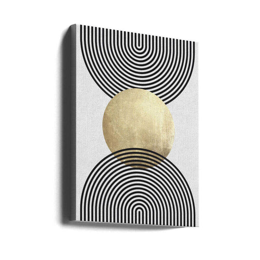 Golden Textured Circle and Bold Black Lines by Vitor Costa, gallery-wrapped canvas viewed at an angle; a gold-toned central circle between large nested black circular line patterns.