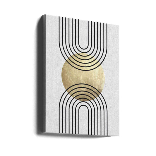Golden Textured Circle and Bold Black Lines by Vitor Costa, gallery-wrapped canvas viewed at an angle; a gold-toned disc between opposing open-ended nested black arches.
