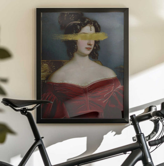 Goldmarianna Ratioiso by Talitha McQueen — black-framed canvas displayed behind a bicycle
