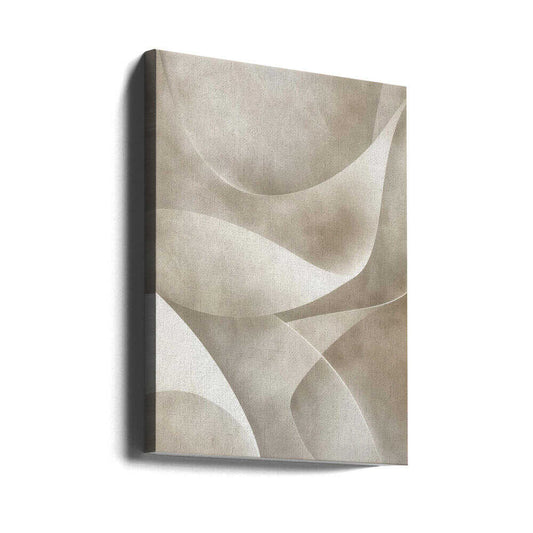 Green Abstract 7 by Bilge Paksoylu, gallery-wrapped canvas viewed at an angle; overlapping pale curved planes with soft gray-green and warm neutral shading.