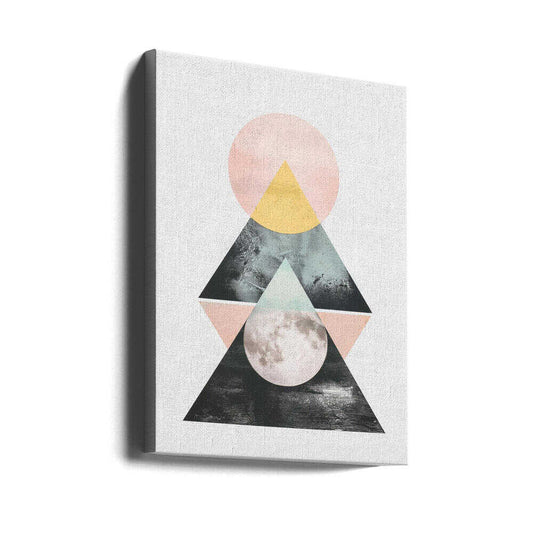 Harmony In Balance by SHANDU, gallery-wrapped canvas viewed at an angle; stacked triangles and circles in pale pink, yellow, sage and charcoal.