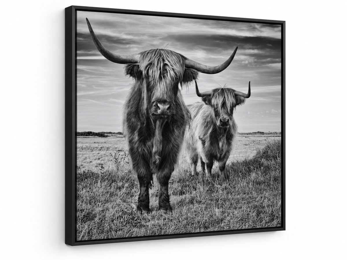 Highland Cows — black floating frame angled view