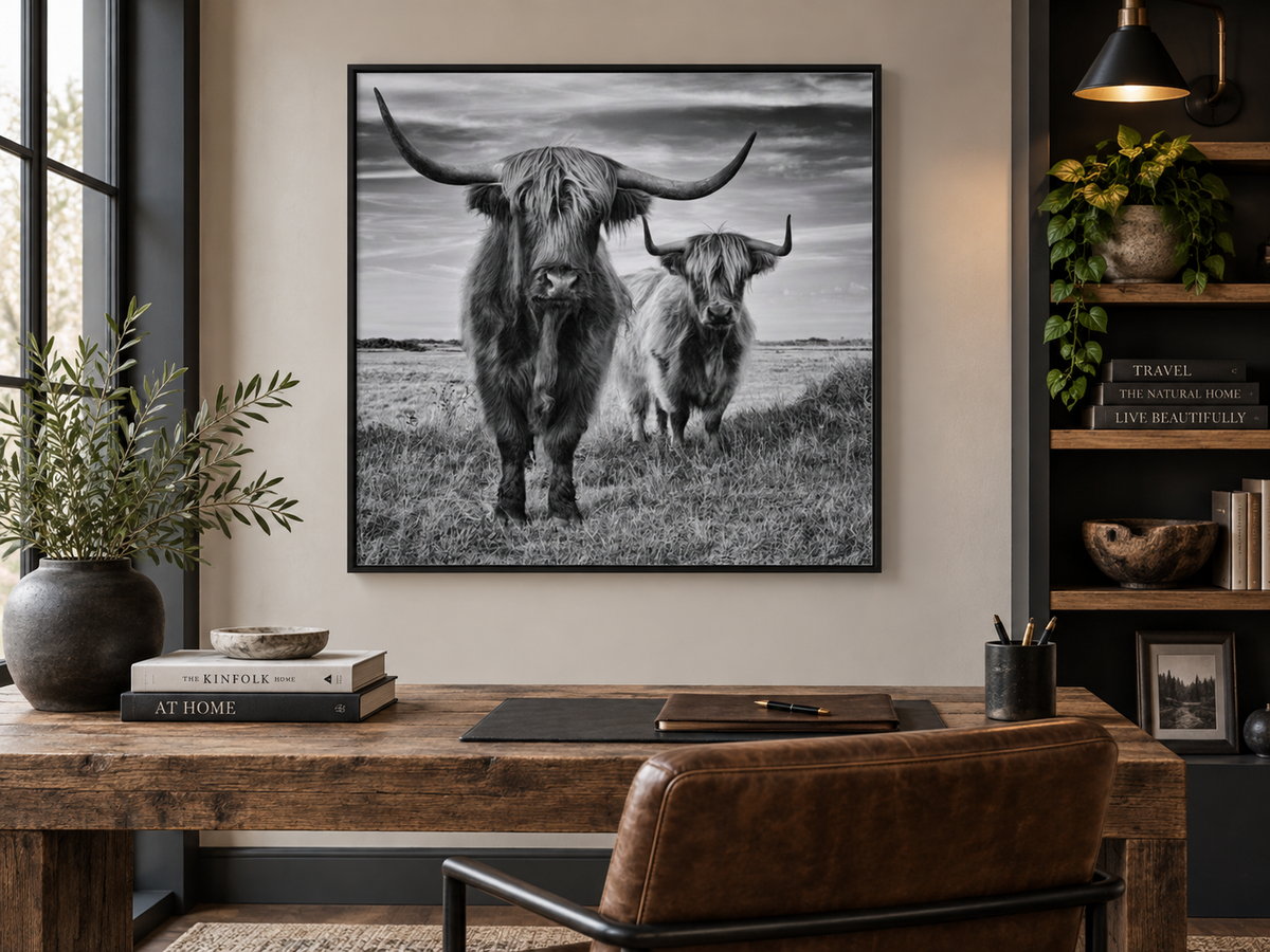 Highland Cows — black-framed canvas above a desk