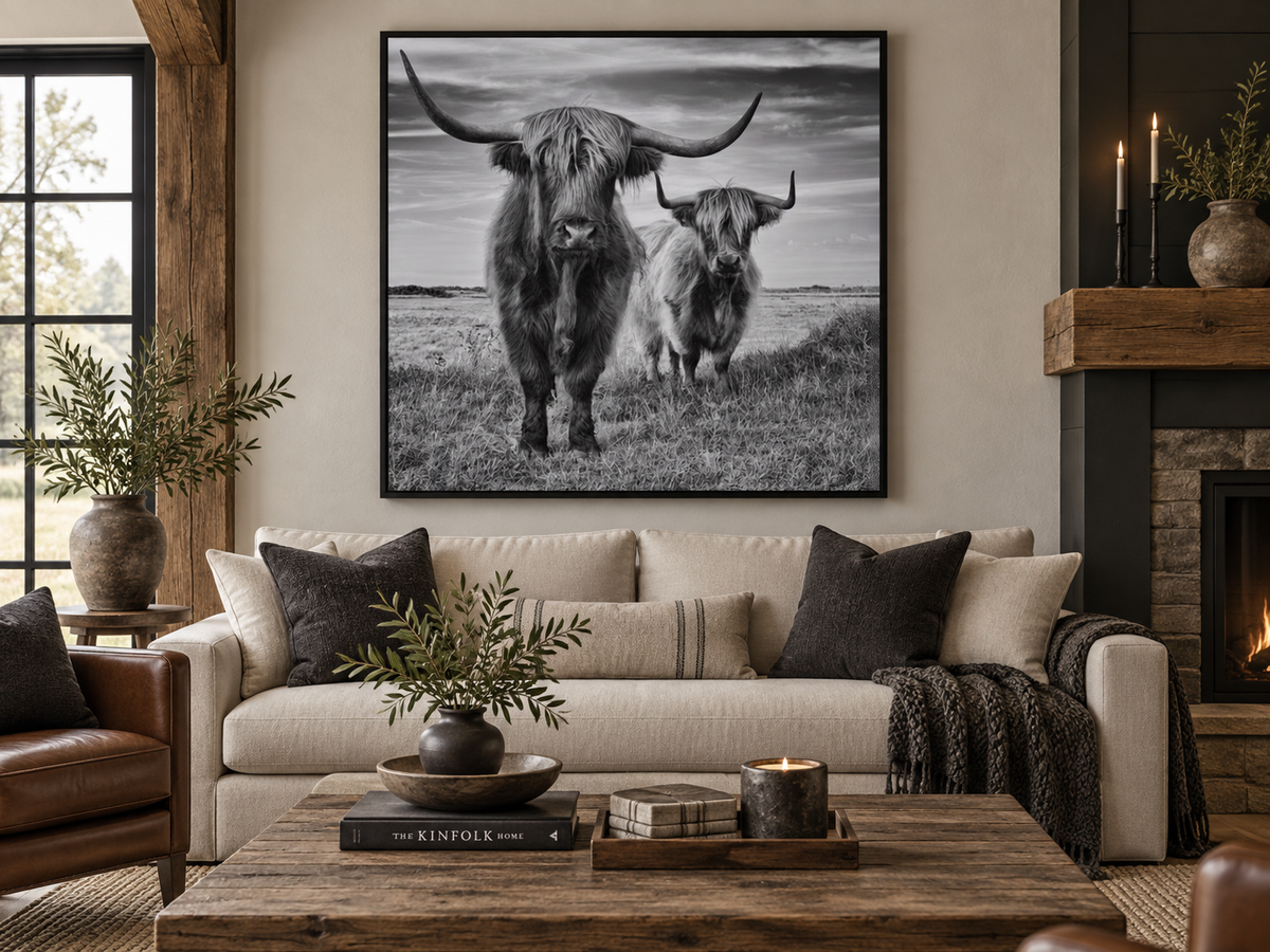 Highland Cows — black-framed canvas above a sofa
