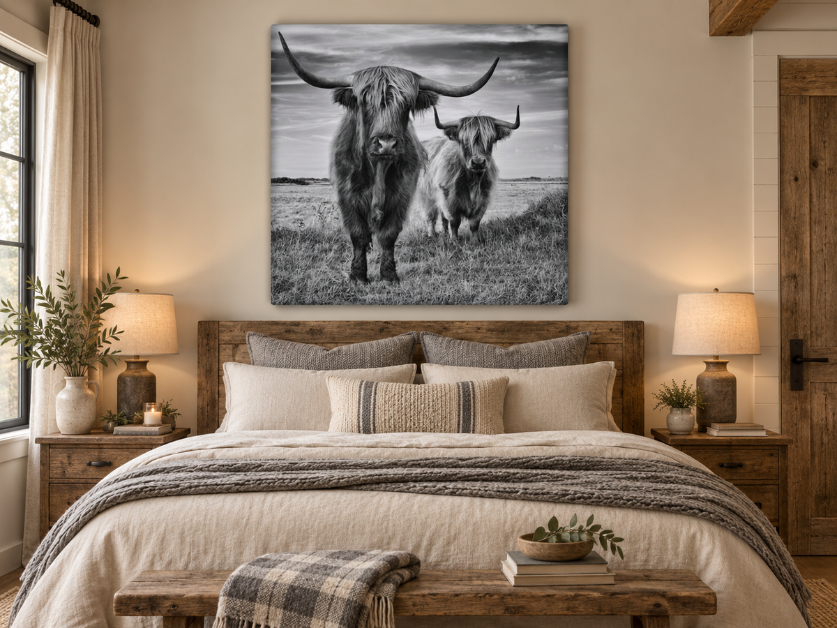 Highland Cows — canvas above a bed