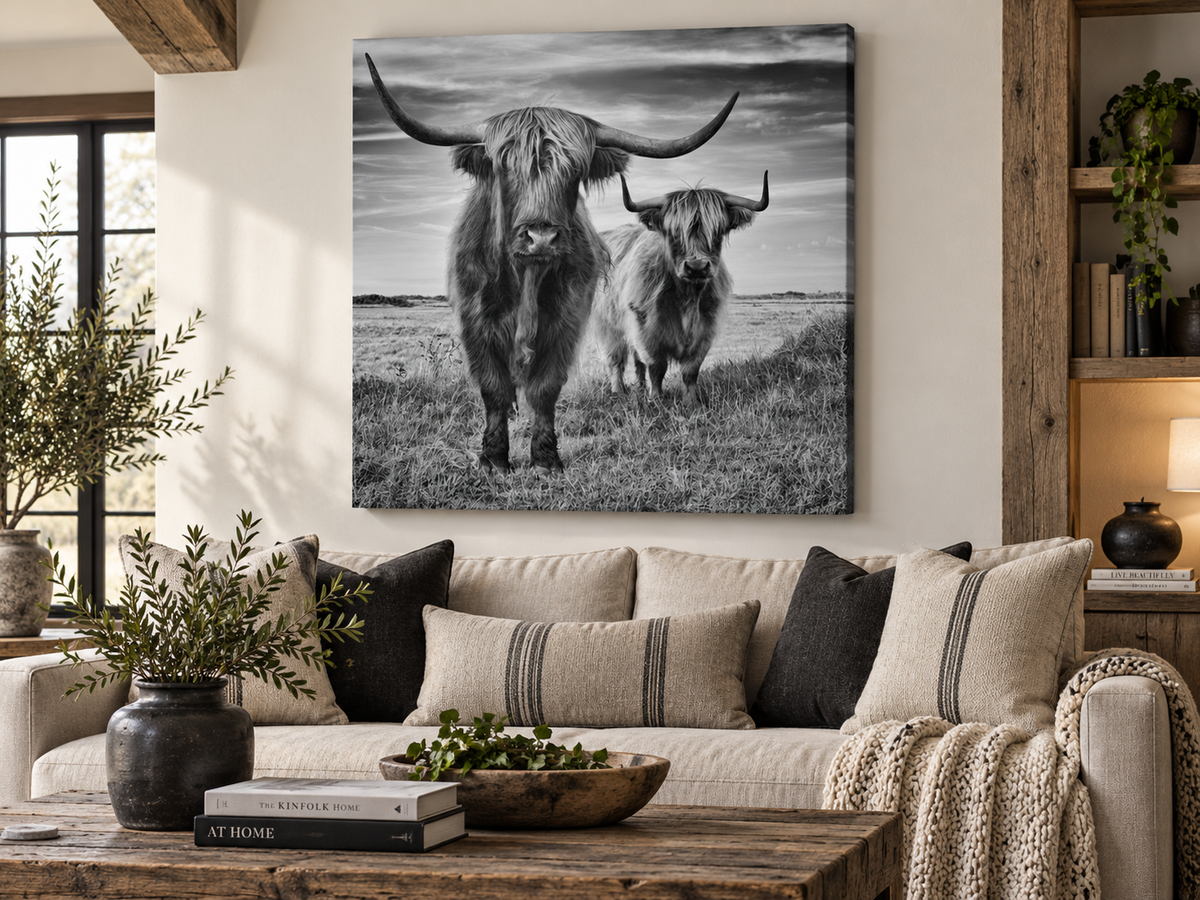 Highland Cows — canvas above a sofa