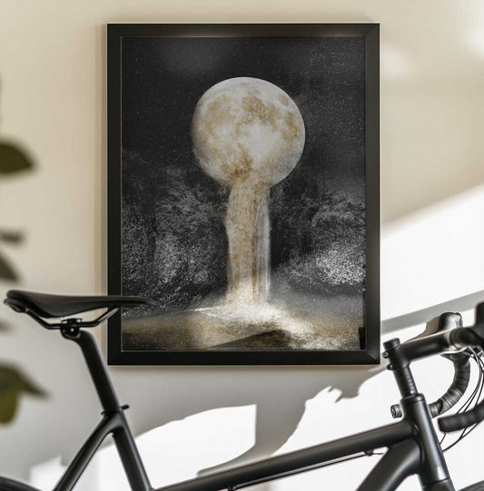Honey Moon II by Gemma Bardot — black-framed canvas displayed behind a bicycle