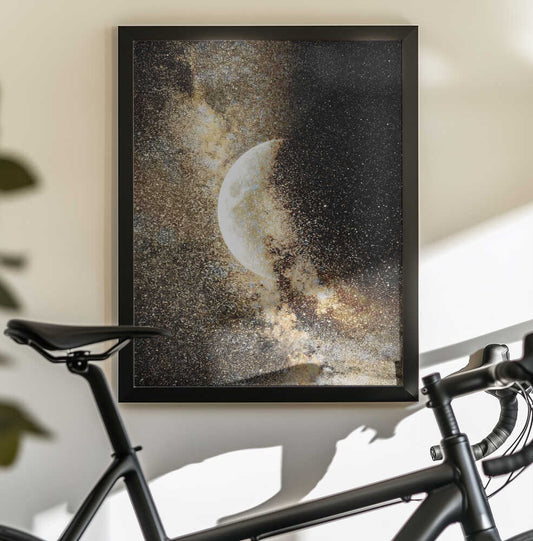 Honey Moon III by Gemma Bardot — black-framed canvas displayed behind a bicycle