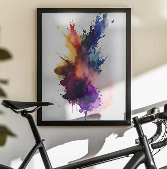 In the Dark by Mauro, black-framed artwork above a bicycle; dark purple and blue splashes with red and yellow.