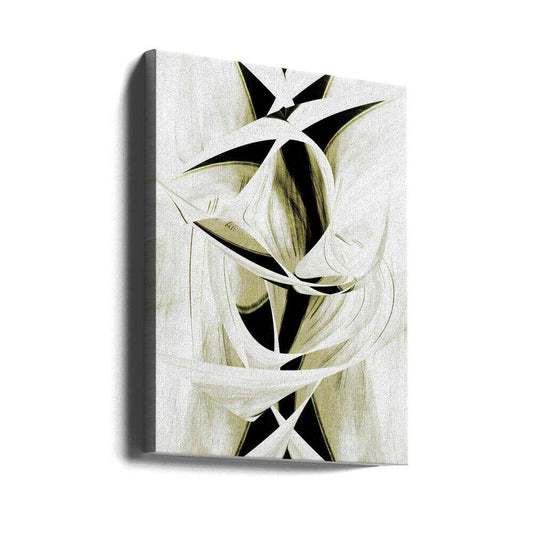 Intertwined Shapes And Monochromatic Tones by Christina Sillen, gallery-wrapped canvas viewed at an angle; intertwined white ribbons and black angular shapes with muted olive accents.