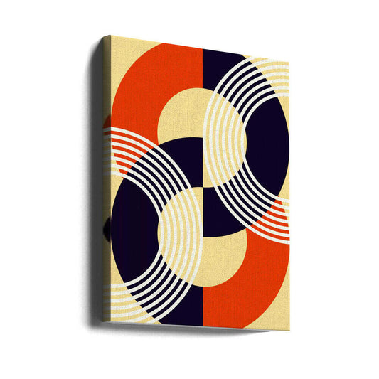 Interwoven Circles by Petr Strnad, gallery-wrapped canvas viewed at an angle; interlocking orange, cream and dark blue circles crossed by fine pale arcs.